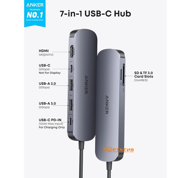 Хаб Anker Nano USB-C Hub 7-in-1, PD in 100W, 4K HDMI, 2xUSB-A, USB-C, SD (A83D2HA1)