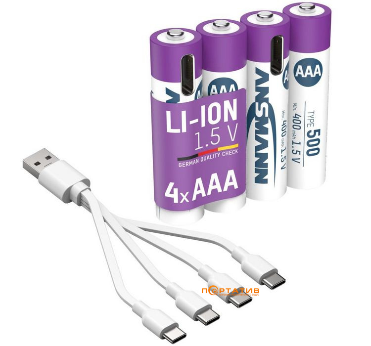 Аккумулятор Ansmann AAA 500mAh Li-Ion 1,5V Type-C 4шт (1311-0028)