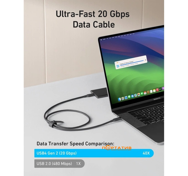 Кабель Anker USB4 USB-C to USB-C - 0.9m 240W 20 Gbps 4K Bio-Nylon Black (A80N1H11)