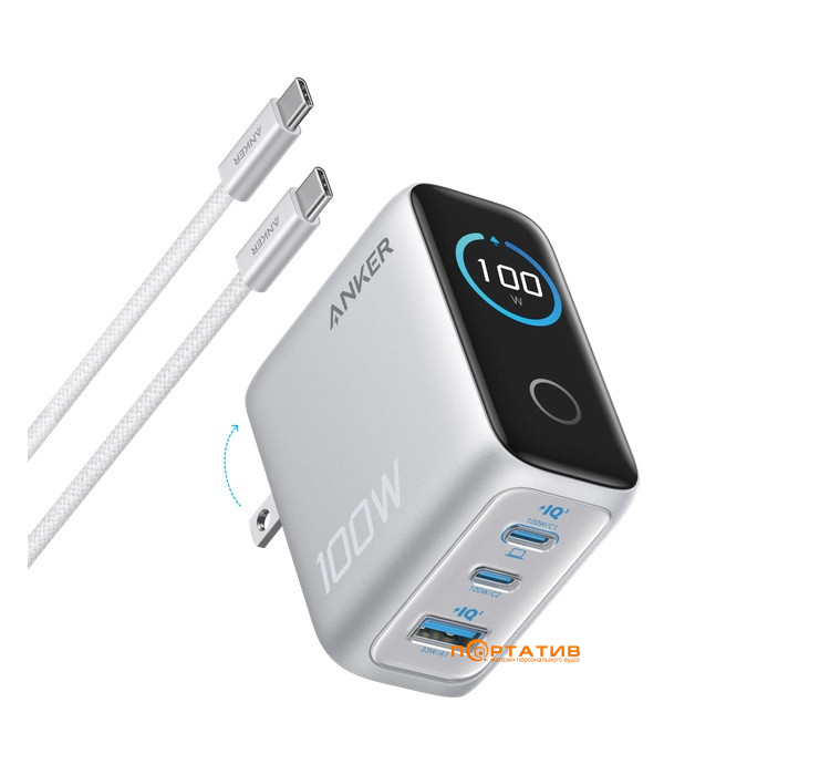 СЗУ Anker Gan Charger 100W PD, 3-Ports, Display, with USB-C Cable Silver (B121BG41)