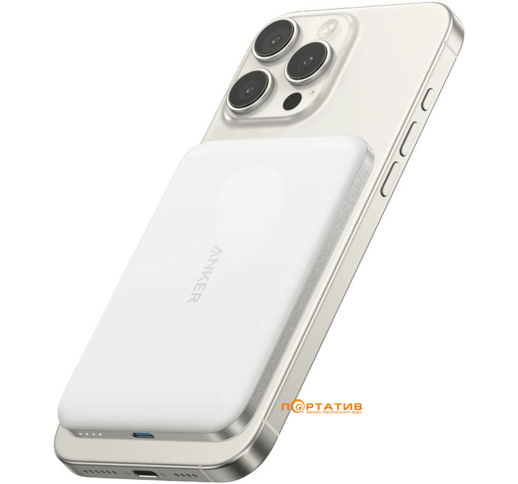 Зовнішній акумулятор Anker MagGo Slim 5000 mAh Qi2 15W + USB-C PD 20W White (A1665H21)