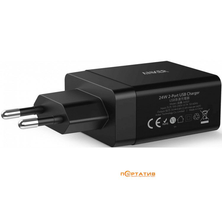 Anker Wall Charger PowerPort2 24W/4.8A V3 Black (A2021L11)