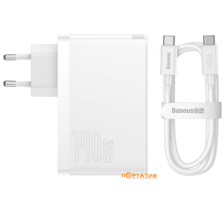 Зарядний пристрій Baseus GaN5 Pro 140W (2x Type-C, USB-A) + Type-C Cable White (CCGP100202)