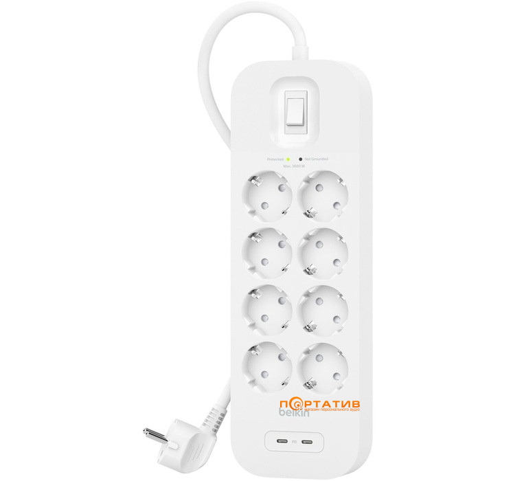 Мережевий фільтр Belkin 8х Schuko, USB-A/USB-C 30Вт, 16А, 2м (SRB004VF2M)