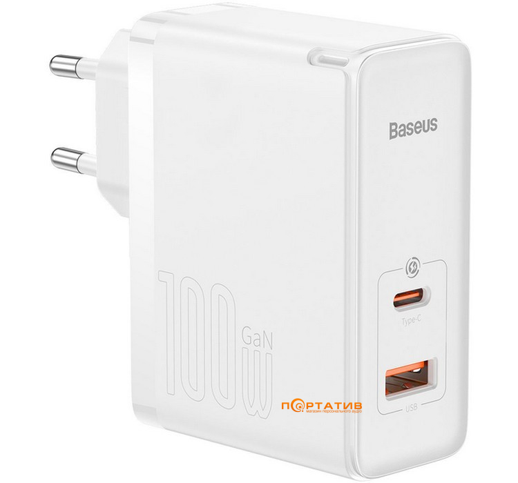 Зарядное устройство Baseus GaN5 Pro 100W (Type-C, USB-A) + Type-C Cable White (CCGP090202)