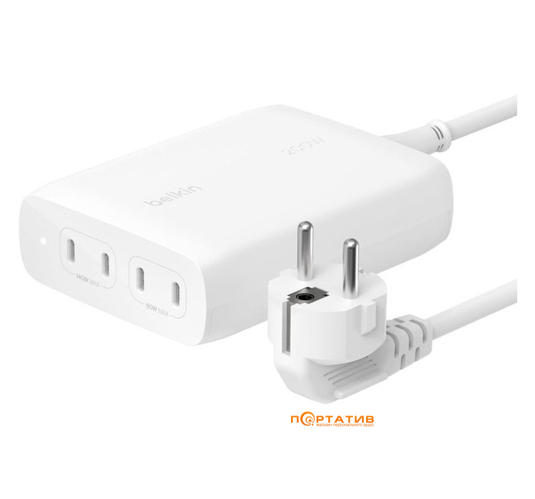 Зарядний пристрій Belkin Boost Up Charge Pro GaN 4-Ports Charger 200W White (WCH015VFWH)