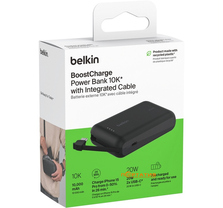 Внешний аккумулятор Belkin Power Bank 10000 20W PD Integrated USB-C Black (BPB021HQBK)