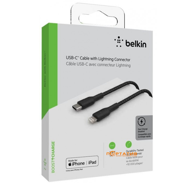 Belkin USB-C - Lightning BRAIDED Cable 1 m Black (CAA004BT1MBK)