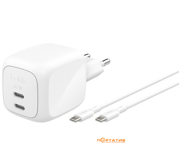 Зарядное устройство Belkin BoostCharge Pro GaN PD 67W + Type-C 2m Cable White (WCH020KQ2MWH-B6)