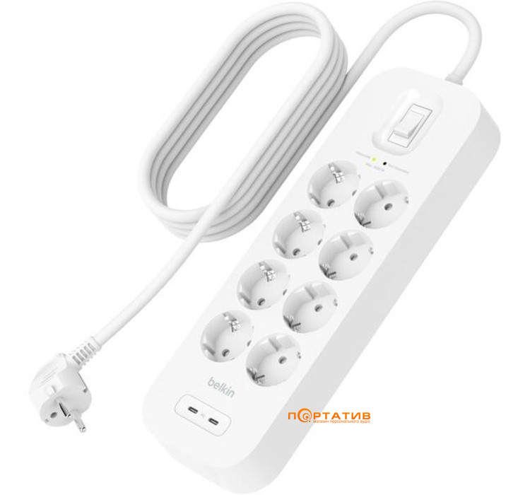 Мережевий фільтр Belkin 8х Schuko, USB-A/USB-C 30Вт, 16А, 2м (SRB004VF2M)