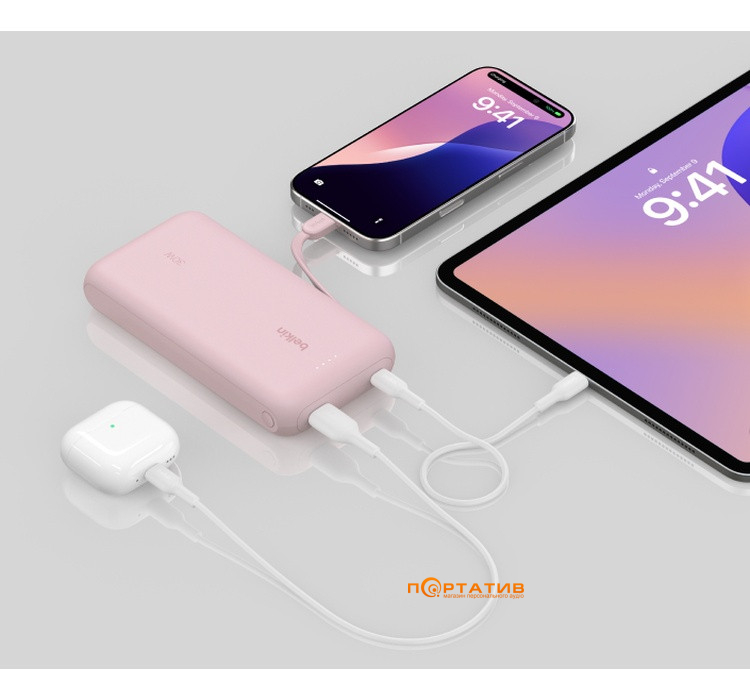 Зовнішній акумулятор Belkin Power Bank 20000 30W PD Integrated USB-C Pink (BPB024HQPK)