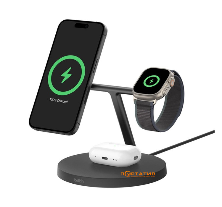 Бездротовий зарядний пристрій Belkin BoostCharge Pro 3-in-1 Wireless Qi2 15W Black (WIZ032KQBK)