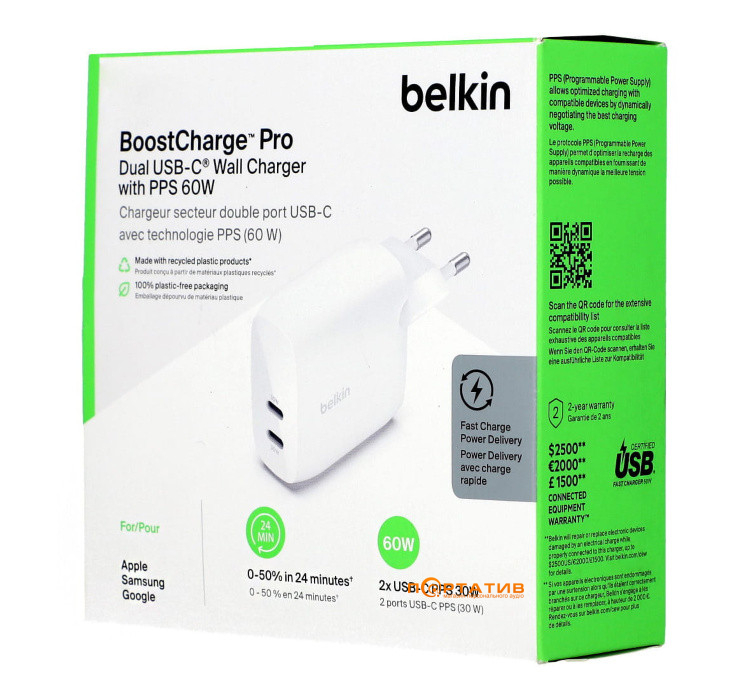 Зарядное устройство Belkin Boost Charger Pro PD 60W White (WCB010VFWH)