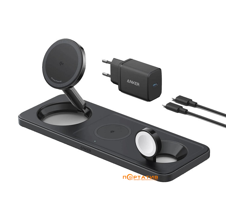 Бездротовий ЗП Anker MagGo 3-in-1 Wireless Charging Pad 15W Qi2 Black (B25M1311)