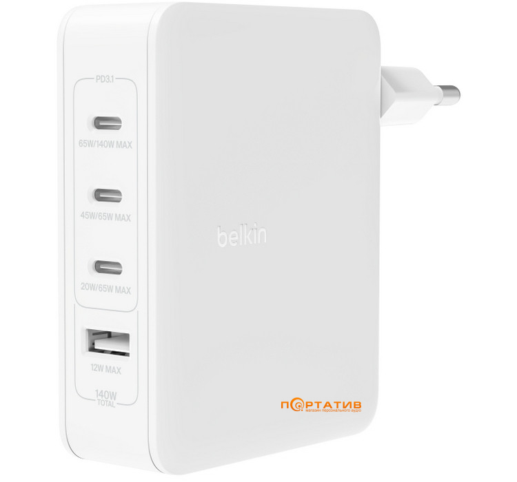 Зарядное устройство Belkin BoostCharge Pro 140W 3xUSB-C PD PPS, USB-A GaN White (WCH014BTWH)