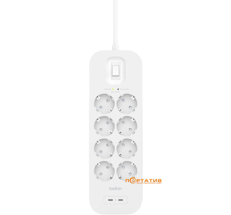 Мережевий фільтр Belkin 8х Schuko, USB-A/USB-C 30Вт, 16А, 2м (SRB004VF2M)