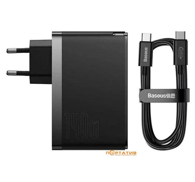 Зарядное устройство Baseus GaN5 Pro 140W (2x Type-C, USB-A) + Type-C Cable Black (CCGP100201)