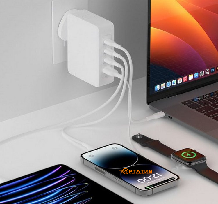 Зарядний пристрій Belkin BoostCharge Pro 140W 3xUSB-C PD PPS, USB-A GaN White (WCH014BTWH)