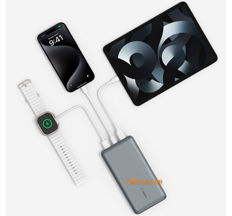 Внешний аккумулятор Belkin Power Bank 10000 15W Dual USB-A USB-C Grey (BPB011BTGY)