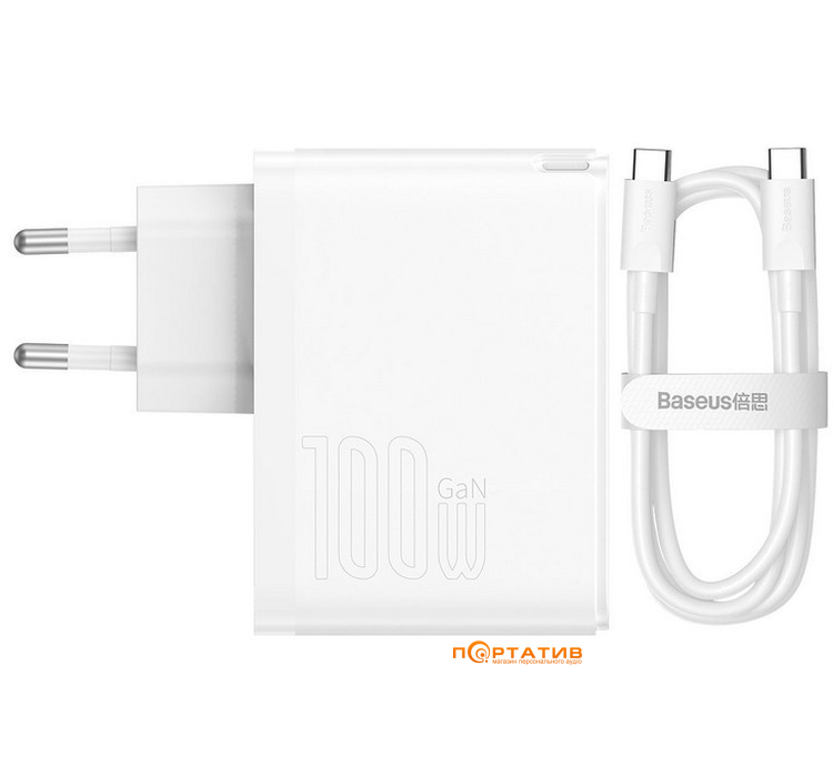 Зарядний пристрій Baseus GaN5 Pro 100W (Type-C, USB-A) + Type-C Cable White (CCGP090202)