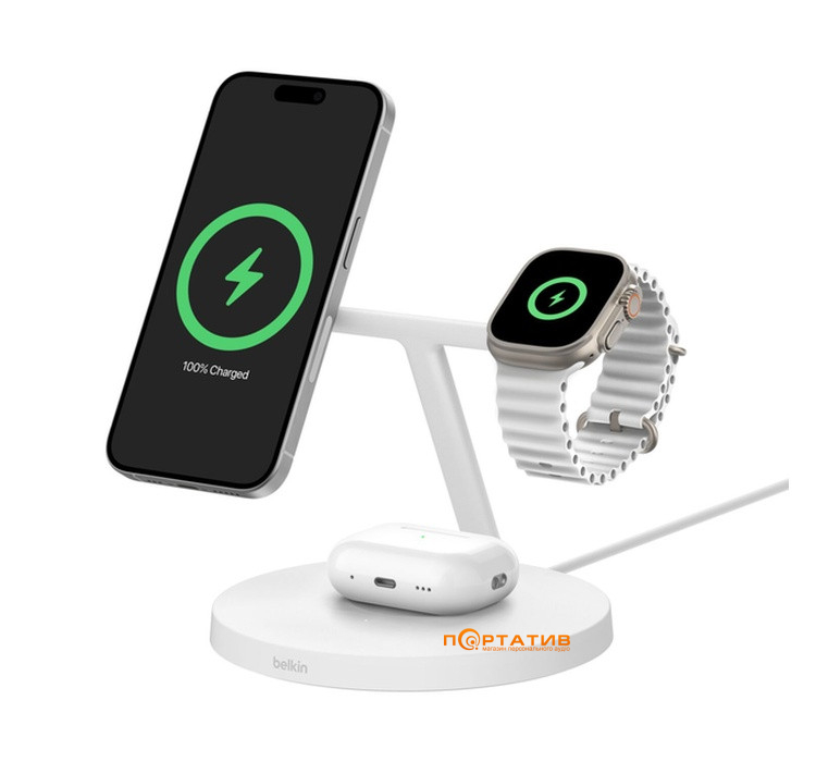 Беспроводное зарядное устройство Belkin BoostCharge Pro 3-in-1 Wireless Qi2 15W White (WIZ032KQWH)