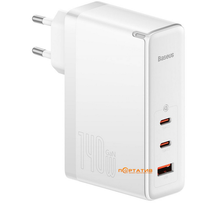 Зарядное устройство Baseus GaN5 Pro 140W (2x Type-C, USB-A) + Type-C Cable White (CCGP100202)