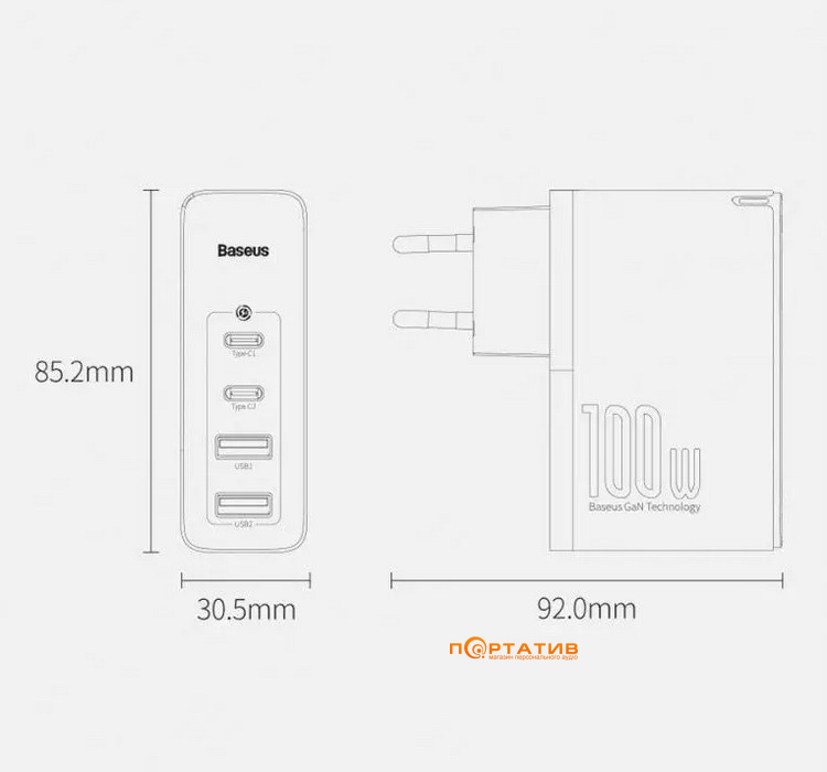 Зарядний пристрій  Baseus GaN2 Pro 100W (2x Type-C, 2x USB-A) Quick Charger White (CCGAN2P-L02)