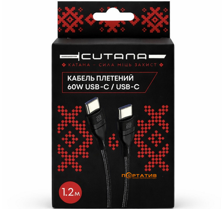 Кабель Cutana USB-C to USB-C 60W Woven Cable Black 1.2m