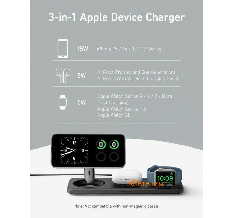 Бездротовий ЗП Anker MagGo 3-in-1 Wireless Charging Pad 15W Qi2 Black (B25M1311)