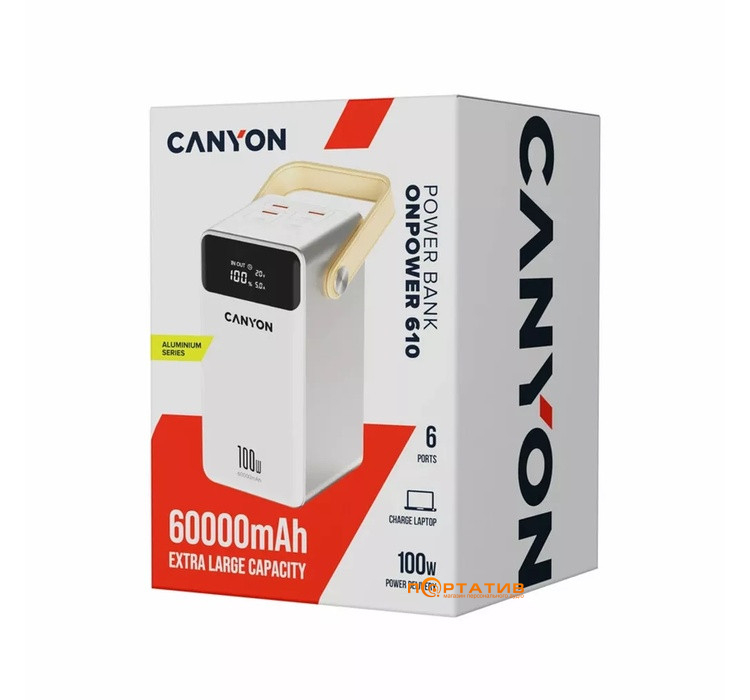 Зовнішній акумулятор Canyon OnPower 610 Metal 60000mAh PD100W White (CNS-CPB610W)