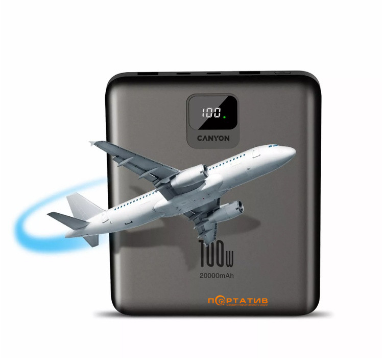 Зовнішній акумулятор Canyon PB-2008 20000mAh 100W Dark Grey (CNE-CPB2008DG)