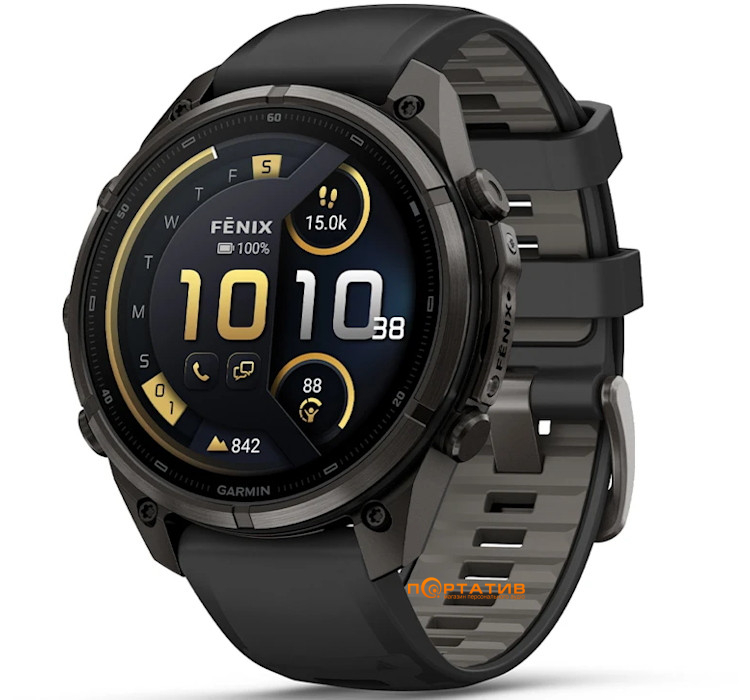 Смарт-годинник Garmin Fenix 9 Pro – inReach, 47mm, Carbon Gray DLC Titanium with Black/Pebble Grey Silicone Band (010-04336-11)