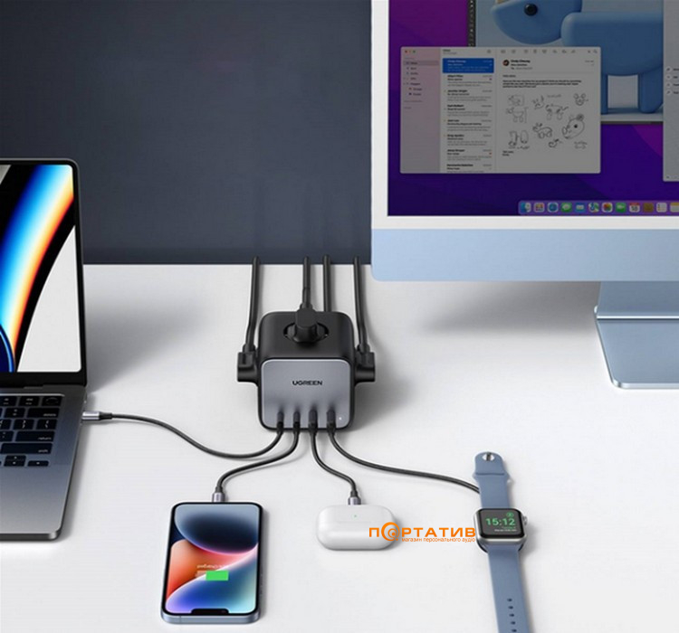 Зарядное устройство UGREEN CD268 DigiNest Cube 65W, 2xUSB-C, 2xUSB-A, 3xAC, Gray (60113)