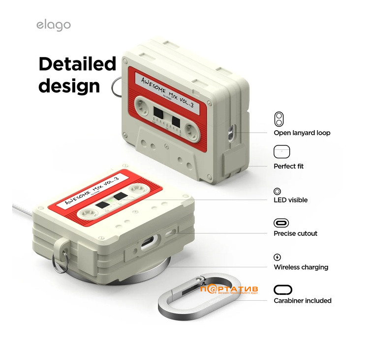 Чехол Elago Cassette Tape Hang Classic White/Red for Airpods Pro 3rd Gen (EAPP3TAPE-HANG-CWHRD)