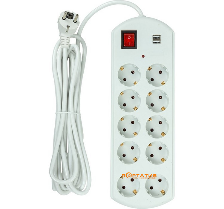 Мережевий фільтр  PowerPlant 5 м, 10 розеток, 10А, 2xUSB 2.1A (EX610556)