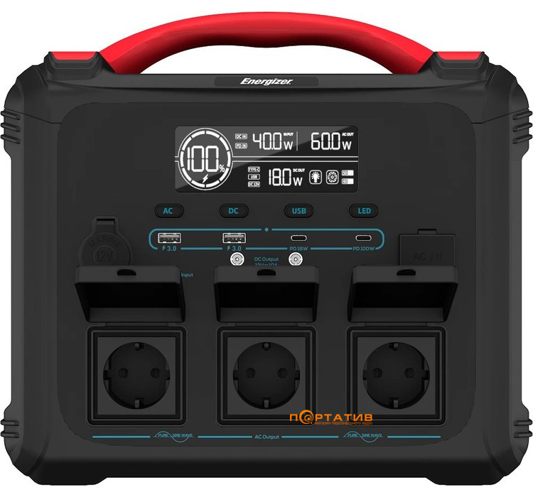 Портативна зарядна станція Energizer PPS1100W2F - 1102Wh 1200W/100W PD/2xUSB/2xDC/1xCar/MPPT