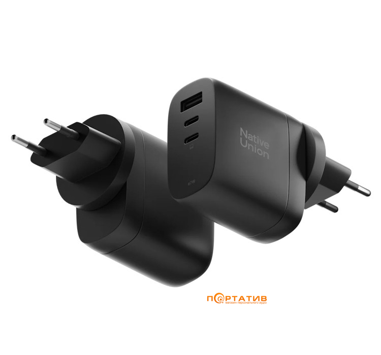 Зарядний пристрій Native Union Fast GaN Charger PD 67W 3 Ports Black (FAST-PD67-BLK-2CA)