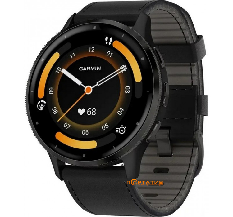 Garmin Venu 3 Slate Stainless Steel Bezel with Black Case and Leather Band (includes black silicone