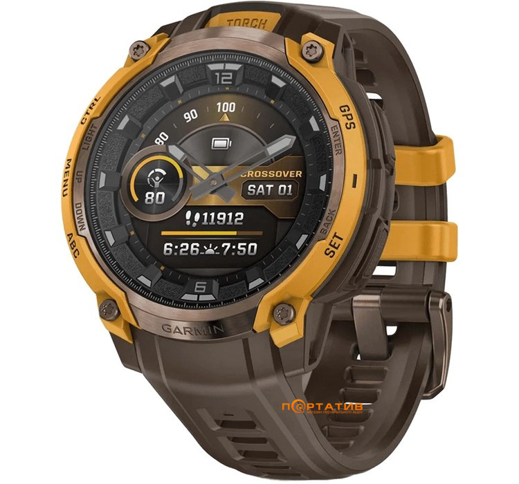 Смарт-часы Garmin Instinct Crossover AMOLED Bronze/sunburst with cocoa silicone band (010-03398-01)