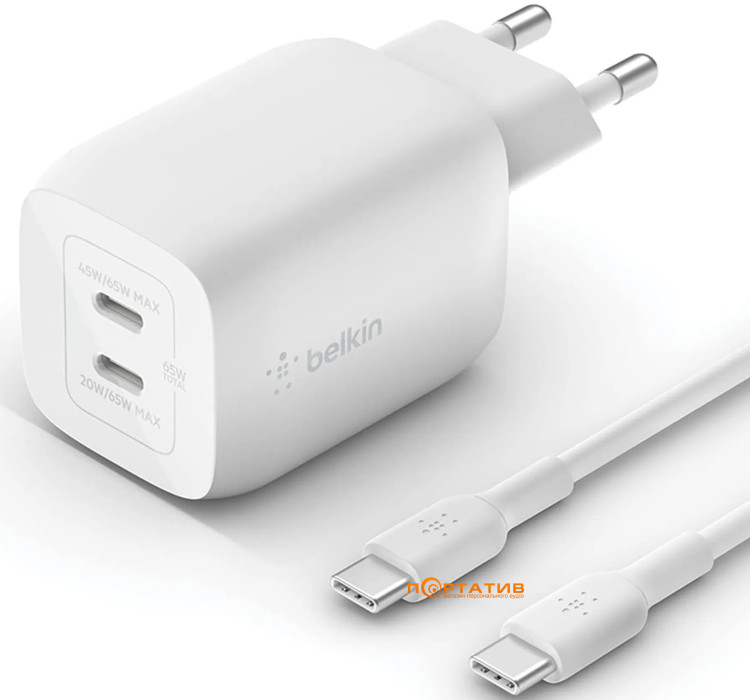 Мережевий зарядний пристрій  Belkin Home Charger 65W GAN PD PPS Dual USB-С - USB-С 2m (WCH013VF2MWH-B6)