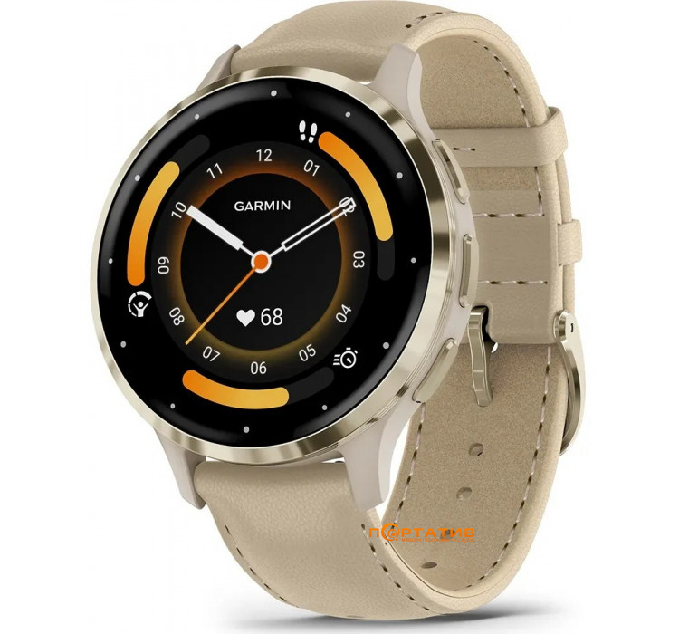 Garmin Venu 3S Soft Gold Stainless Steel Bezel with French Gray Case and Leather Band (includes Fren