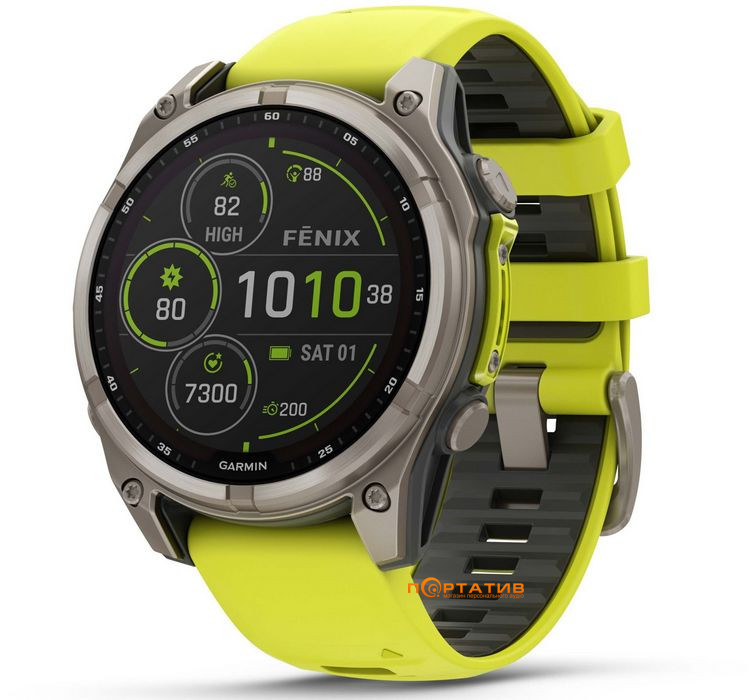 Смарт-годинник Garmin Fenix 8 47 mm Solar Sapphire, Titanium with Amp yellow/graphite silicone band (010-02906-21)