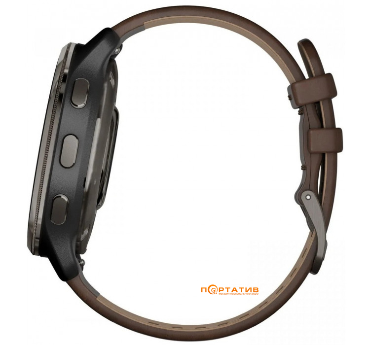 Garmin Venu 2 Plus Slate Stainless Steel Bezel With Slate Case And Brown Leather Band (010-02496-15)