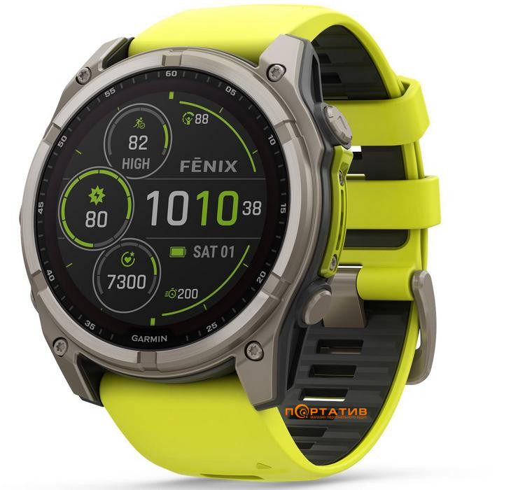 Смарт-годинник Garmin Fenix 8 51 mm Solar Sapphire, Titanium with Amp yellow/graphite silicone band (010-02907-21)