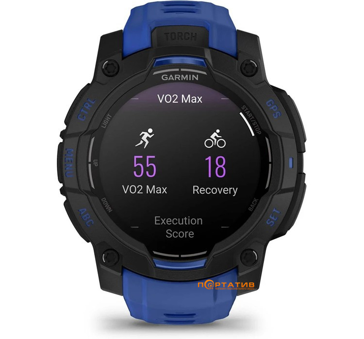 Смарт-часы Garmin Instinct 3 – 45 mm, AMOLED Black with bolt blue/black silicone band (010-02936-03)