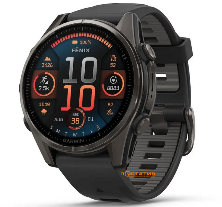 Смарт-часы Garmin Fenix 8 43 mm AMOLED Sapphire, Carbon grey DLC titanium with Black/pebble grey silicone band (010-02903-21)