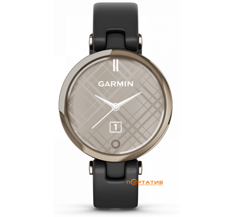 Garmin Lily Cream Gold Bezel with Black Case and Italian Leather Band (010-02384-B1)