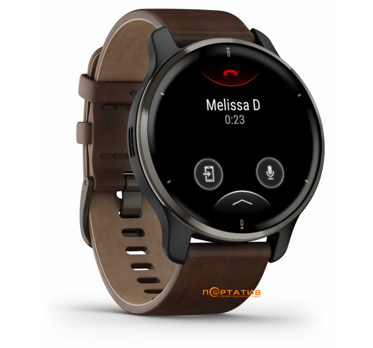 Garmin Venu 2 Plus Slate Stainless Steel Bezel With Slate Case And Brown Leather Band (010-02496-15)