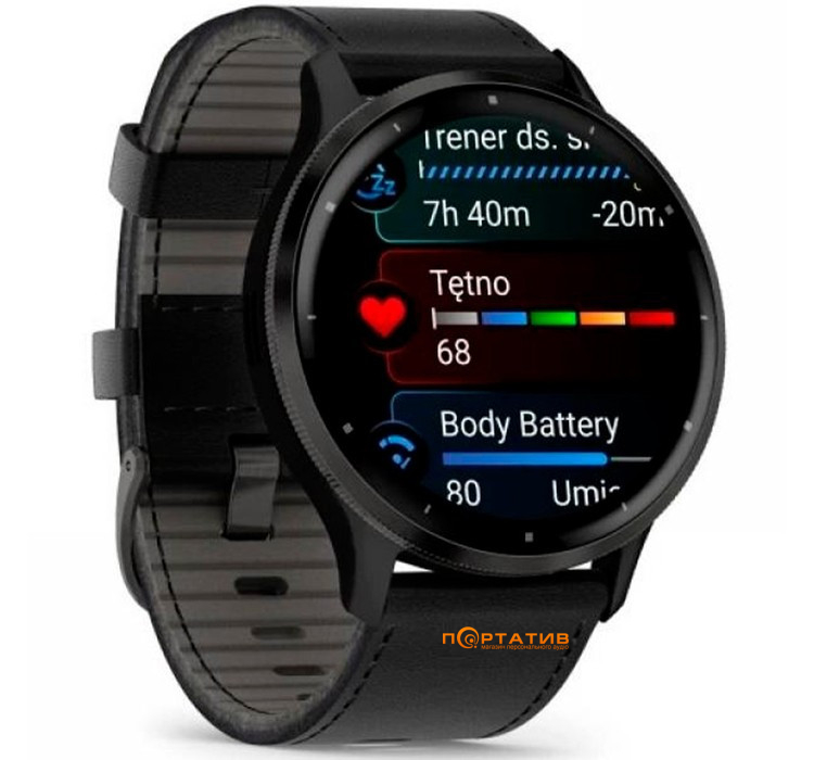 Смарт-часы Garmin Venu 3, Slate Stainless Steel Bezel with Black Case and Leather Band (010-02784-52)