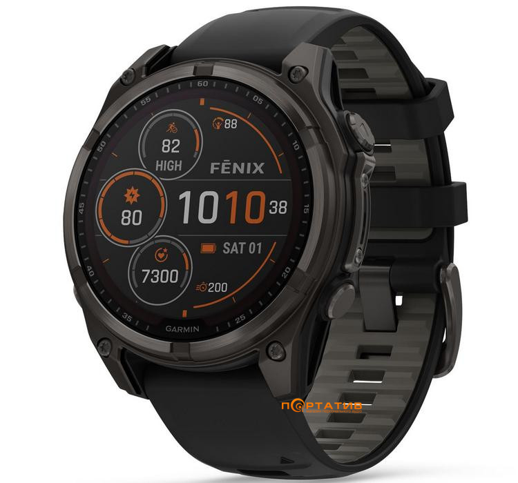 Смарт-годинник Garmin Fenix 8 47 mm Solar Sapphire, Carbon grey DLC titanium with Black/pebble grey silicone band (010-02906-11)